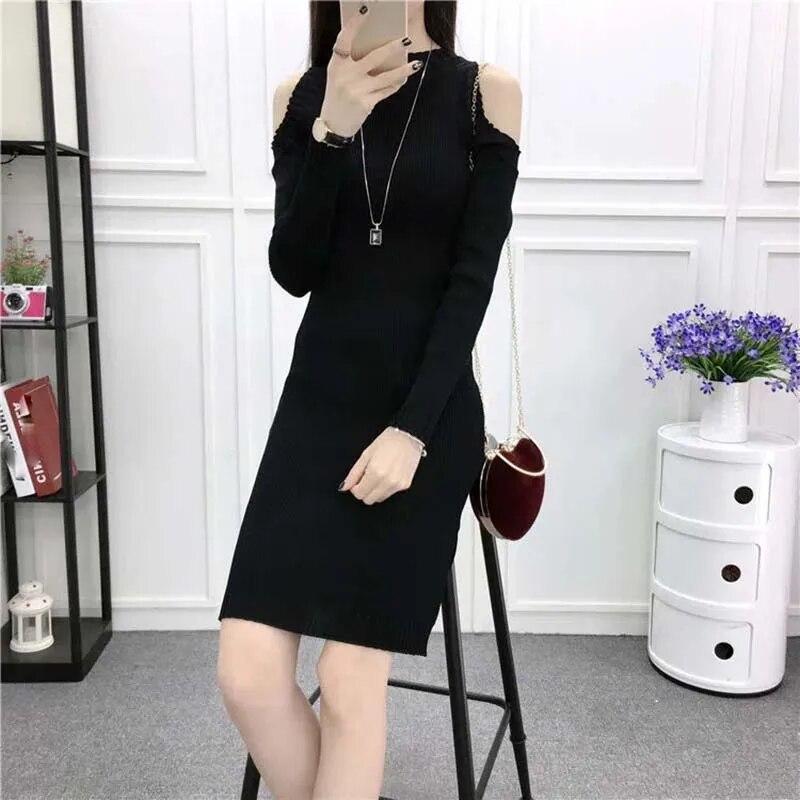 Schulterfreies, langärmliges Strickkleid für Damen, sexy und eng anliegender Strickpullover, Hüftwickel-Unterziehpullover, ausgehöhlt, mittellang