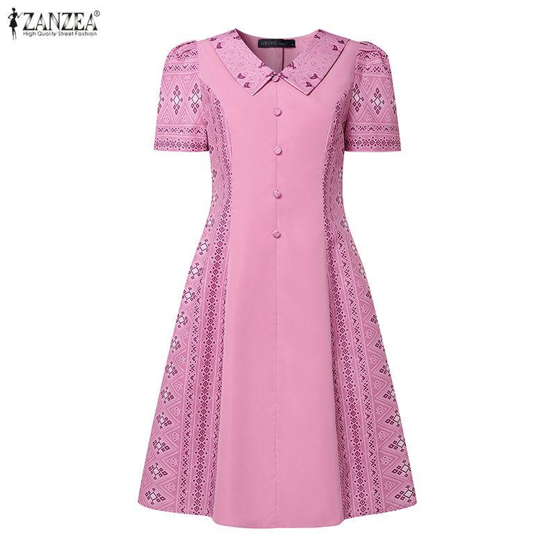 ZANZEA Women Casual V-Neck Summer Short Sleeve Print Dress