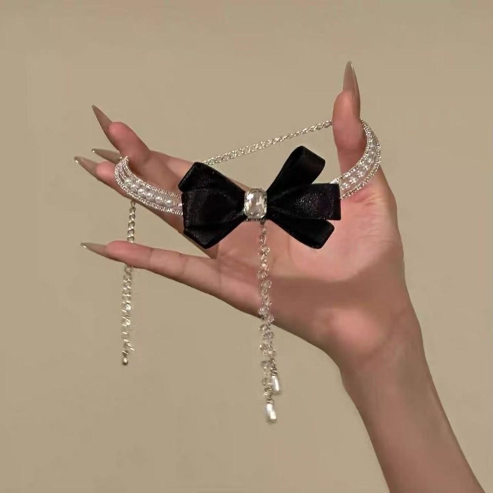 Tassel Pearls Rhinestone Choker Zinc Zinc Alloy Shiny Neck Jewelry Personalized Bow Beads Necklace  Banquet