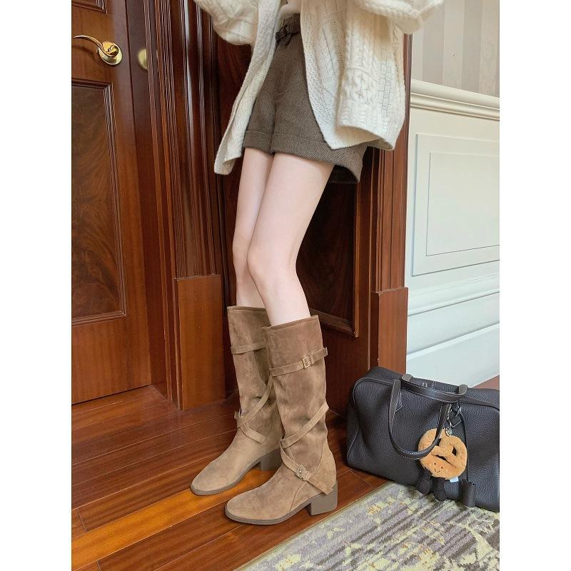 Sheepskin version~ 7cm heightening stack medium boots women's tip round head cross strap retro thick heel long boots knight boots