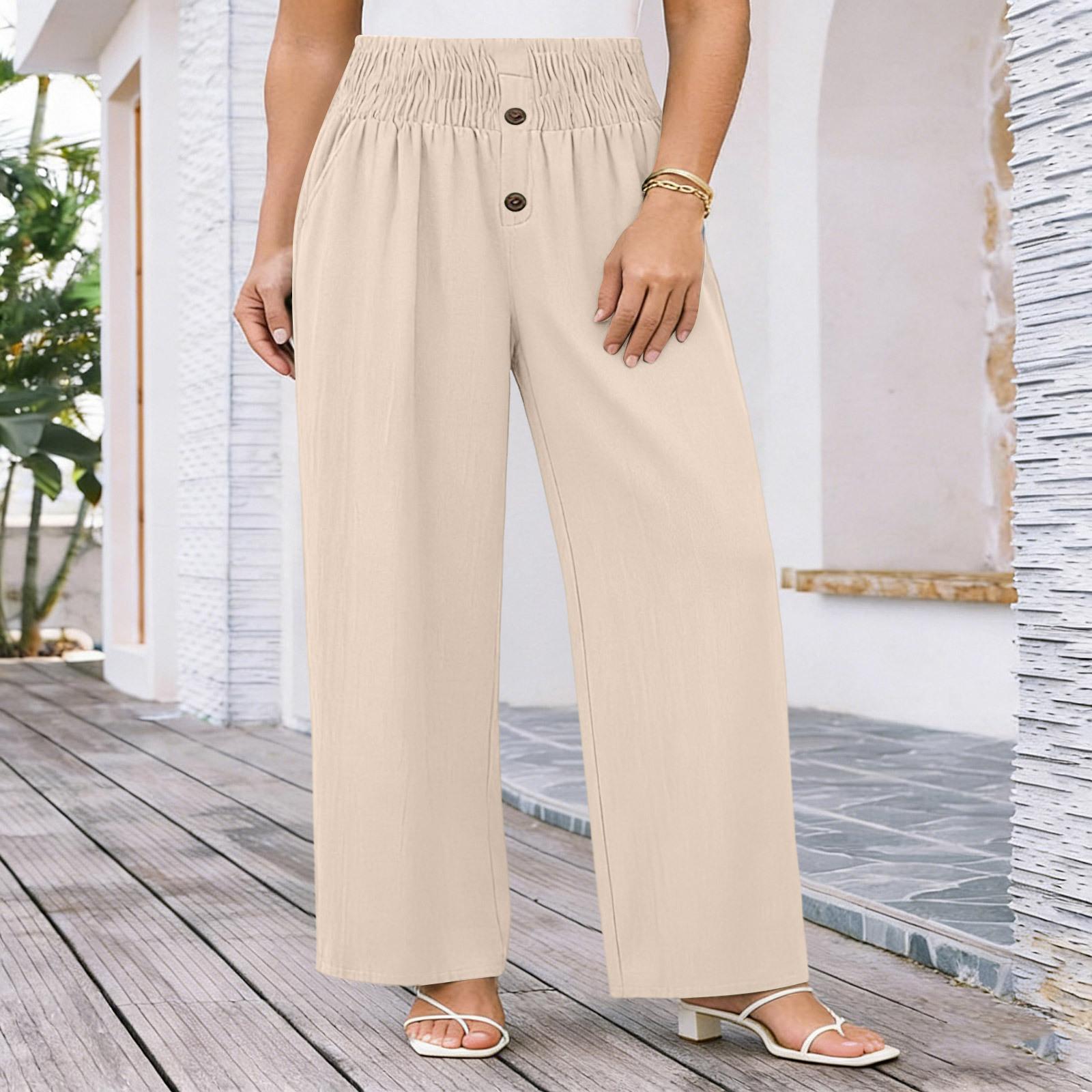 Women s High Waist Wide Leg Pants Linen Blend Elastic Waistband Casual Button Closure Loose Fit Trousers S хаки