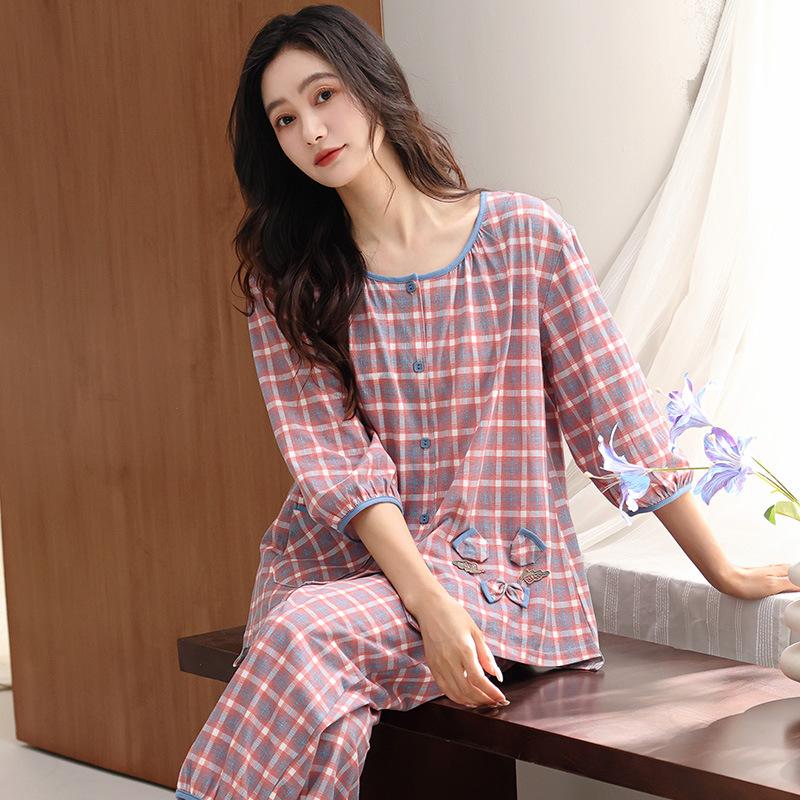 Pure Cotton Pajamas Women's Seven-quarter-sleeved Nine-point Pants Thin Cotton Summer Large-size Loungewear Set Spring and Autumn Cardigan
