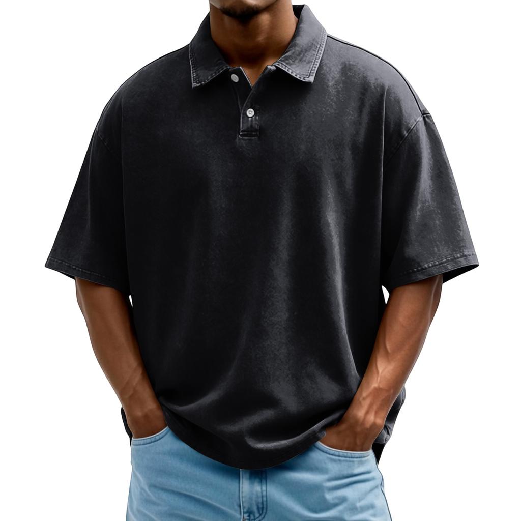 Men's Washed Vintage Polo Shirt Single Breasted Short Sleeve Casual Shirt with Turn Down Collar Loose Fit
