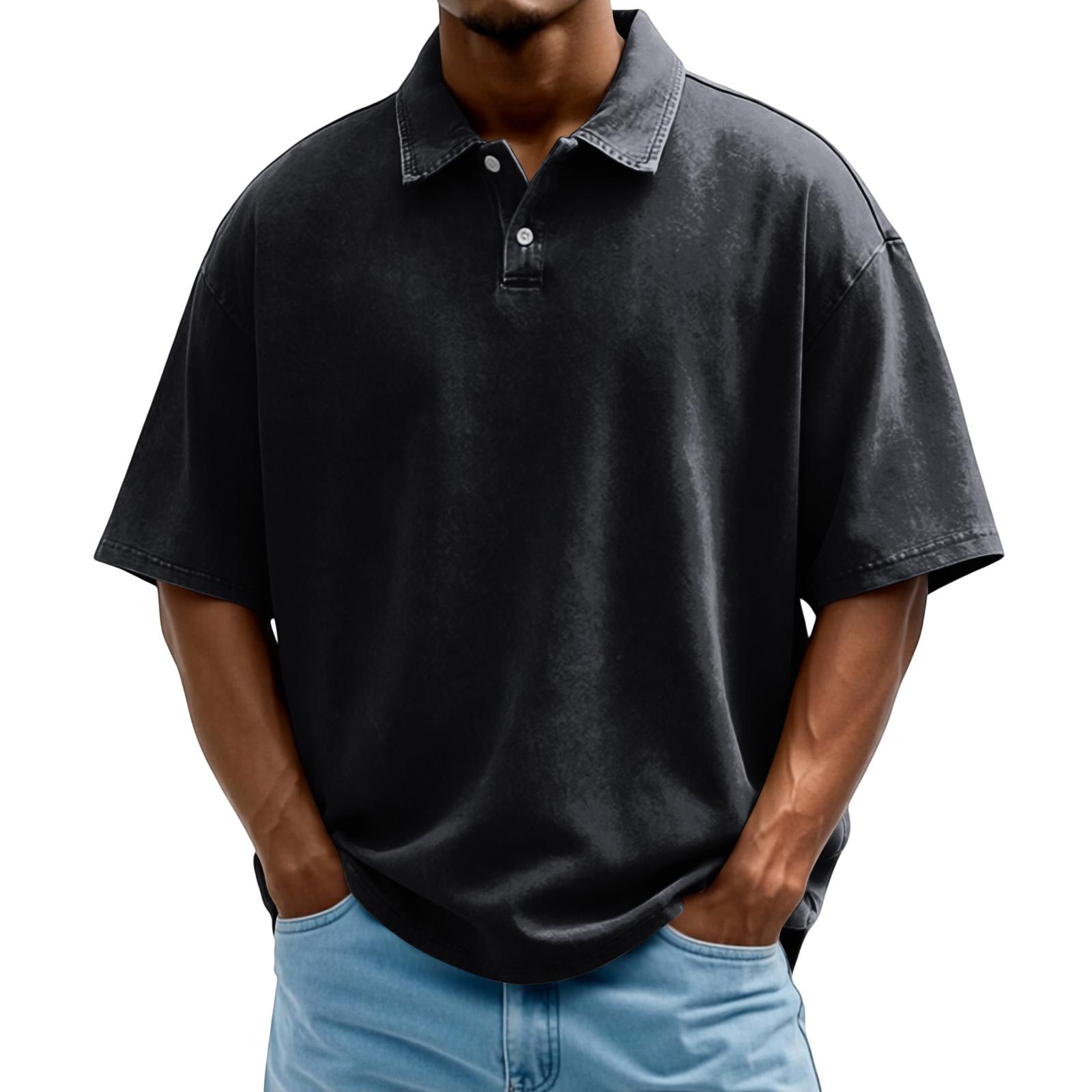 

Men s Washed Vintage Polo Shirt Single Breasted Short Sleeve Casual Shirt with Turn Down Collar Loose Fit S чёрный