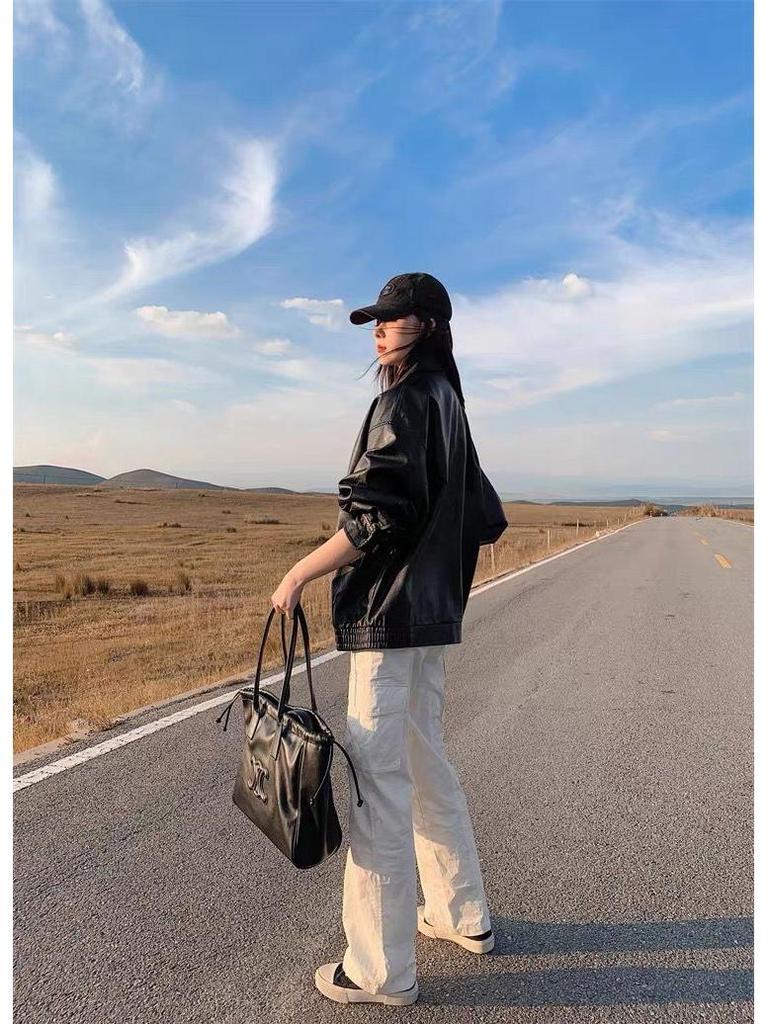 Women's Retro Brown Short Leather Jacket - 2026 Korean Style, Loose Fit, Cool Motorcycle Design for Spring/Autumn