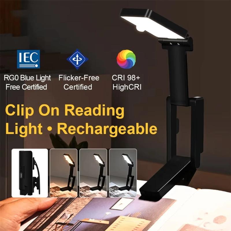 Rechargeable Book Light LED Clip Reading Light 180°Foldable,Portable Clip On Reading Lamp 3 Colors Eye Protection Desk Lamps
