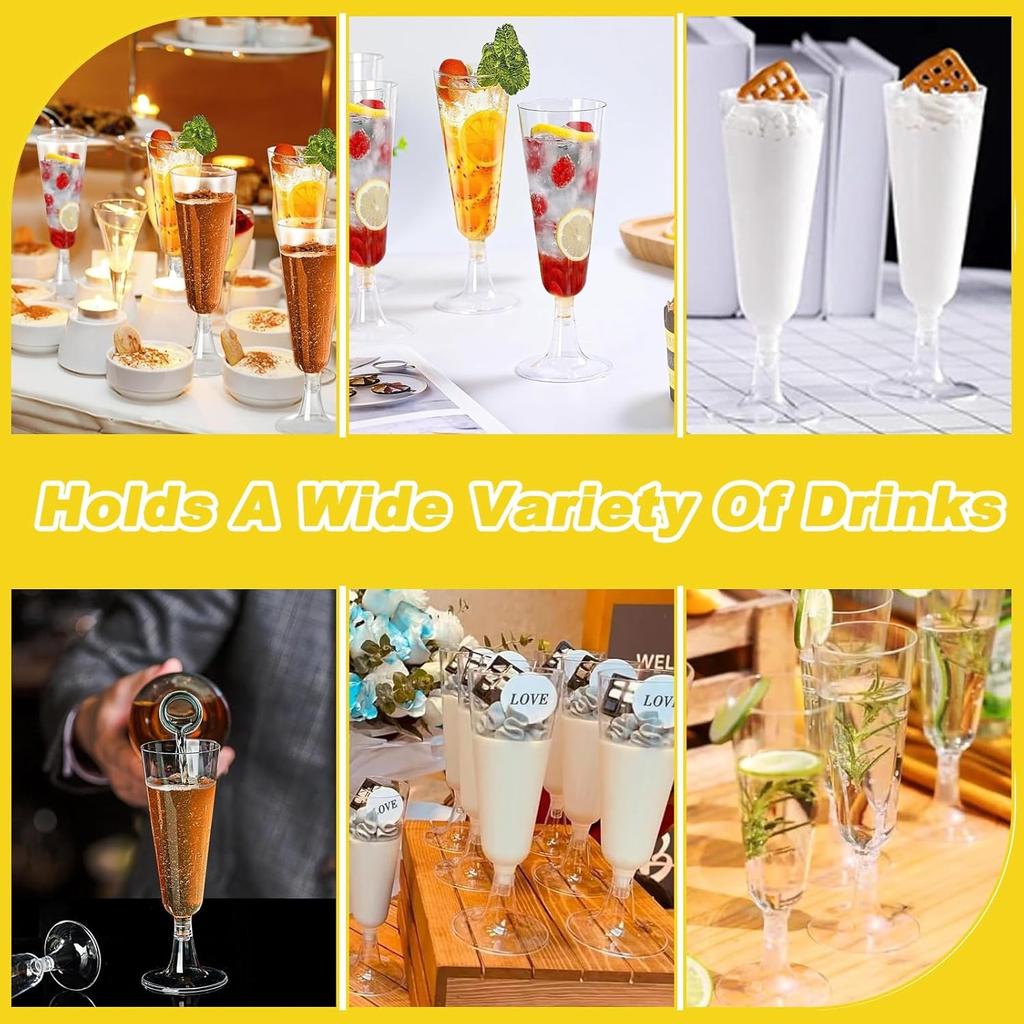 25Pcs Transparent Plastic Champagne Flutes, 150ml / 5oz Reusable Premium Cocktail Glasses, Clear Stemmed Prosecco Glasses, Elegant Party