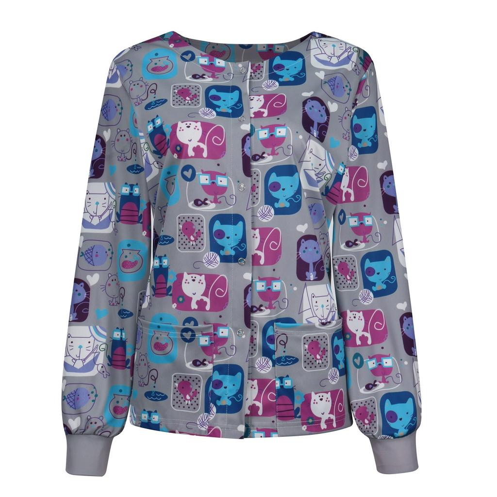 Women Casual Fashion Long-sleeved Stand-up Collar Single-breasted Printed Women's Protective Overalls Jacket Top