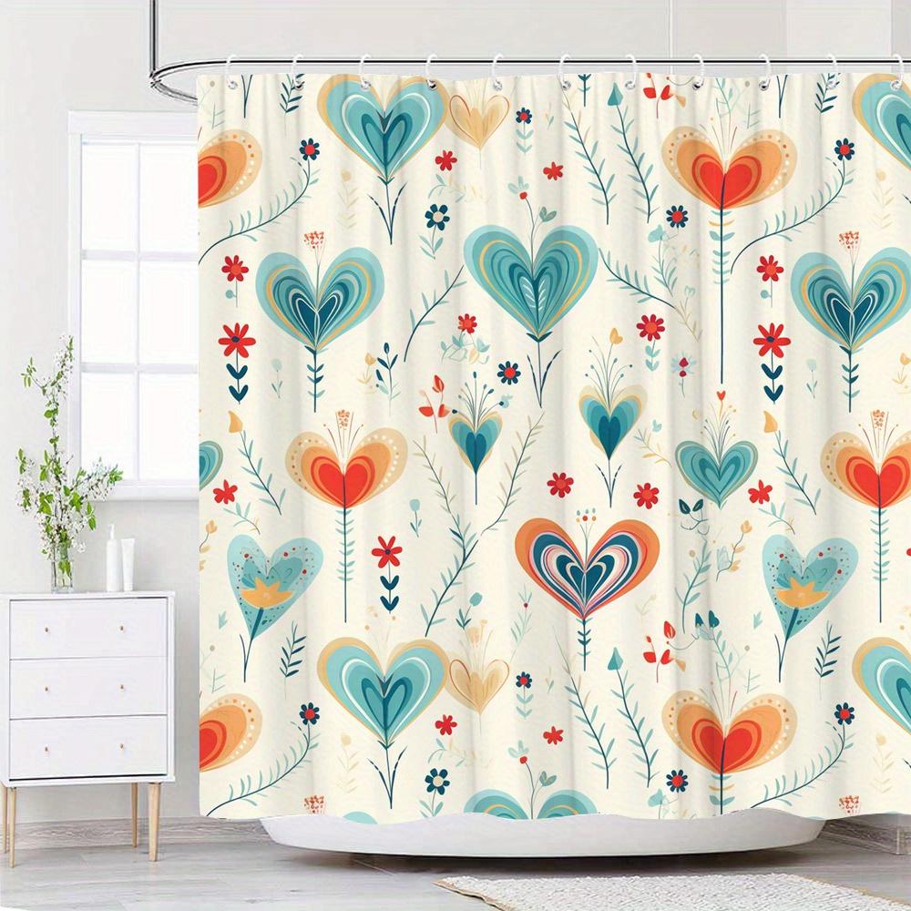 

Whimsical Heart Flower Curtain - Digital Illustration, Blue Teal Red Orange, 70x70 Inch, 12 Hooks 90X180cm