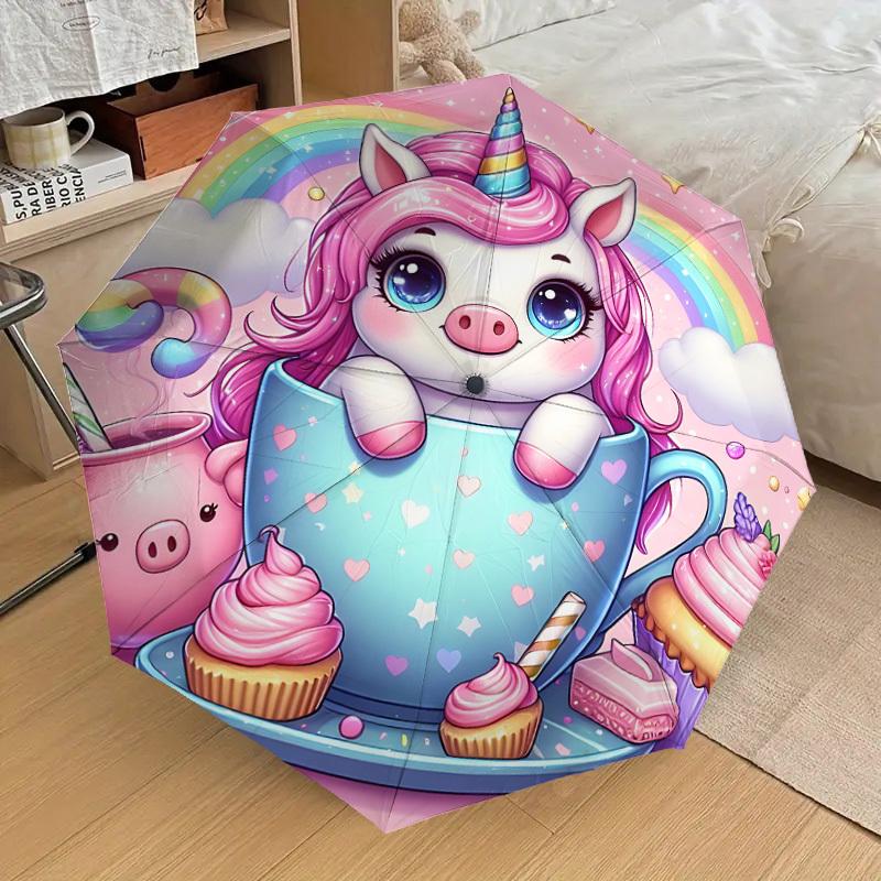 1PC unicorn cupcake Automatic Open/Close Umbrella with Windproof, 8-Rib Sturdy Canopy, Durable Ribs, Fashionable Design, Outdoor Accessory, Fun Prin,