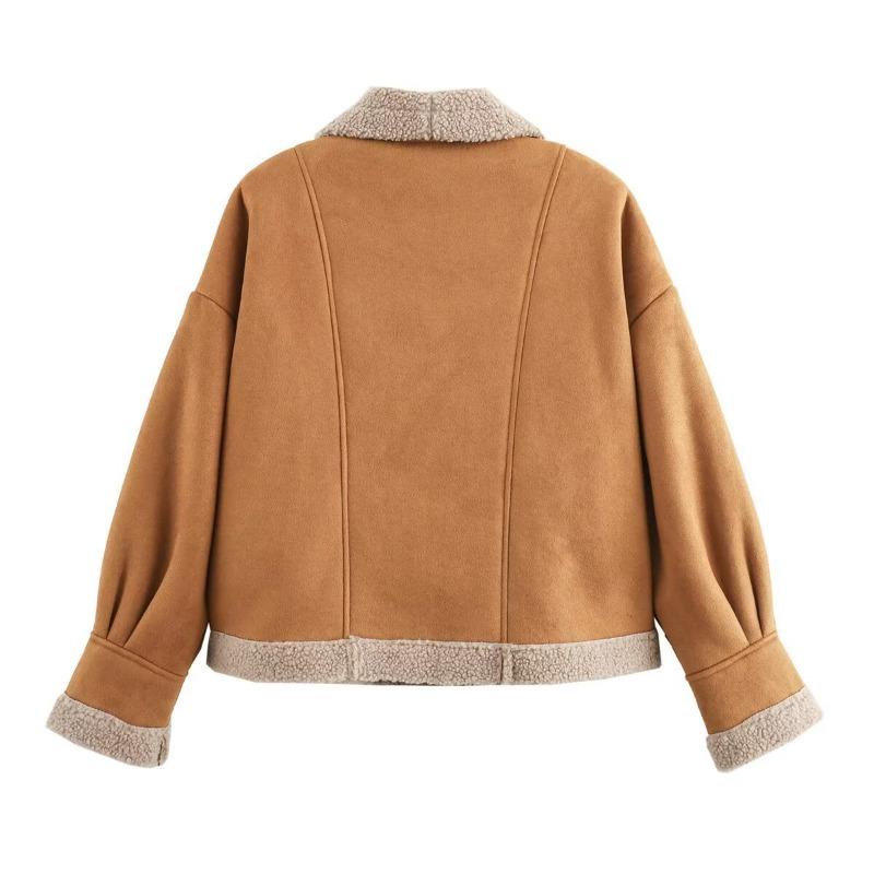 Women's Faux Suede Leather Jackets Flip Collar Fleece Lining Loose Fur One-piece Top Vintage European Style Coat Autumn and Winter