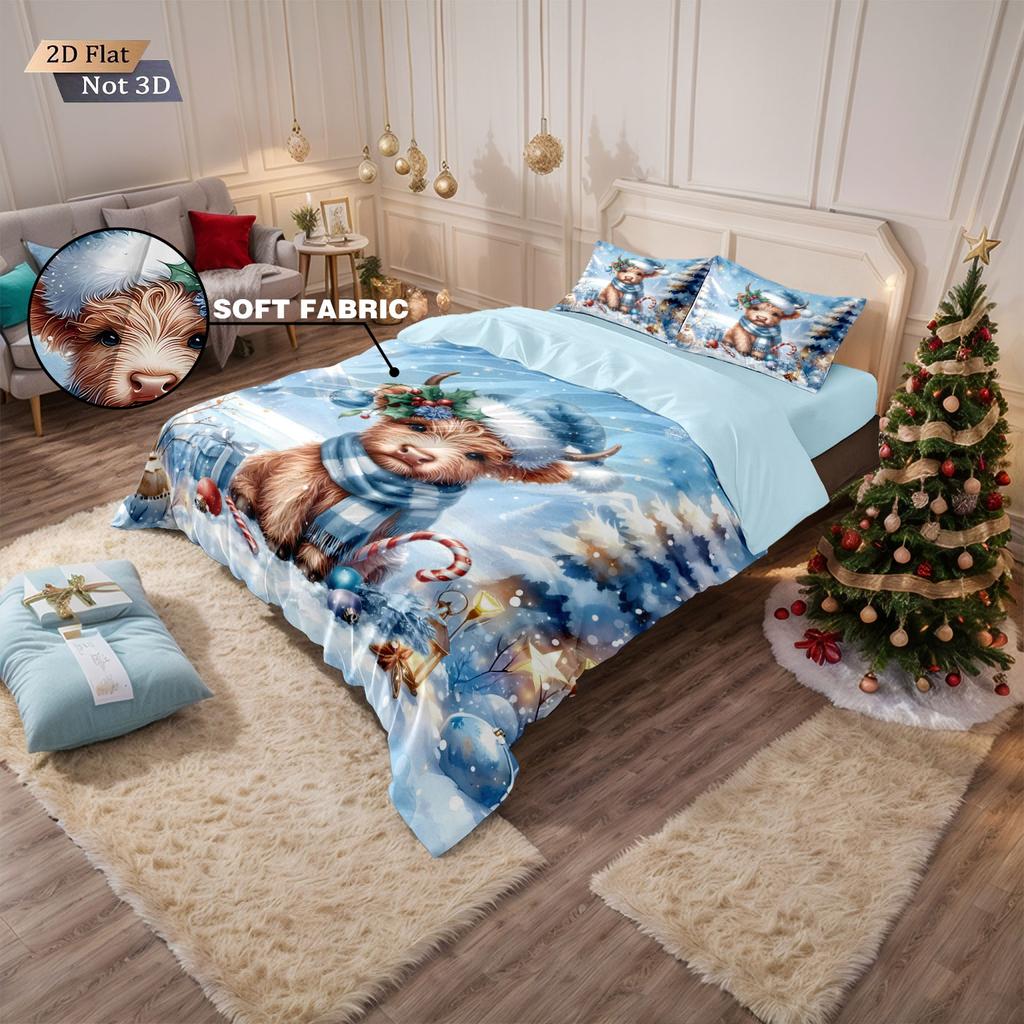 3pcs Merry Christmas Tree Highland Cow Printed Coreless Bedding Set Multi Size Bedroom Bedding Decoration