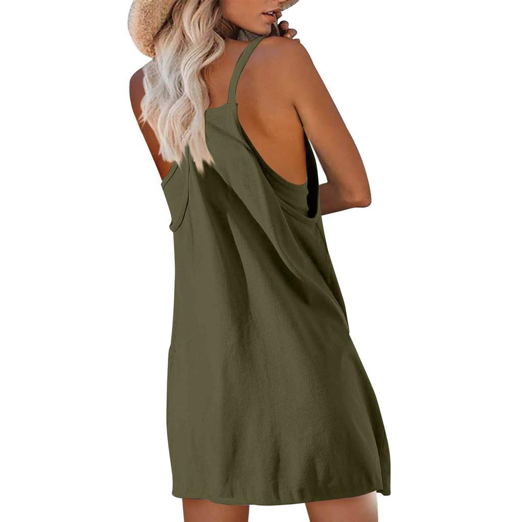 Women's Casual Solid Color V-Neck Buttoned Pullover Sleeveless Fake Two Piece Dresses
