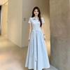 Light Blue Dress Women's Short Sleeves Vertical Pattern Waist Straps Large Long Dress Casual Commuting Gentle and Thin Temperament Fairy Skirt