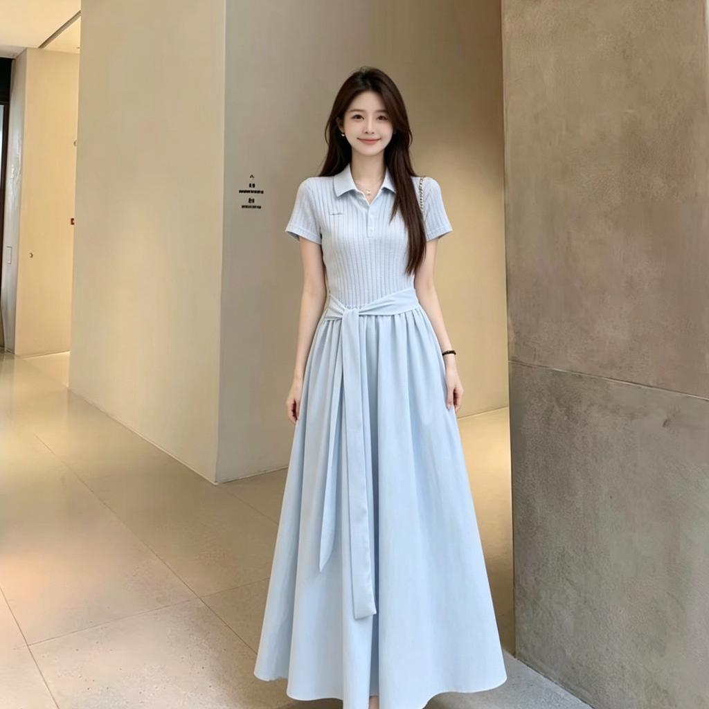 Light Blue Dress Women's Short Sleeves Vertical Pattern Waist Straps Large Long Dress Casual Commuting Gentle and Thin Temperament Fairy Skirt