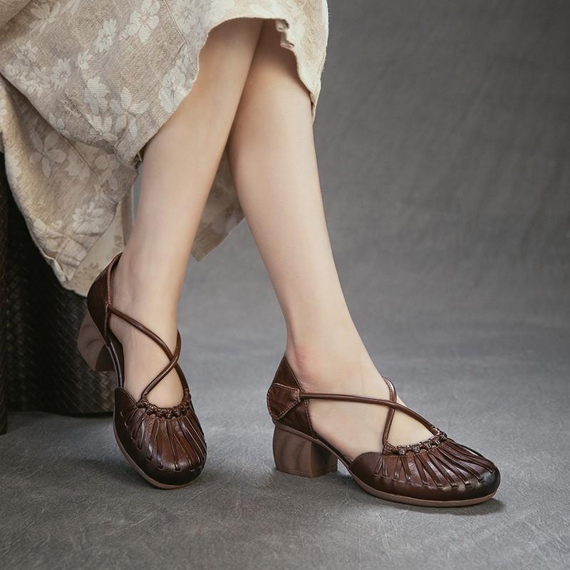 Johnature Genuine Leather French Cross Belt High Heel Sandals Fashionable Versatile Coarse Heel Women's Shoes