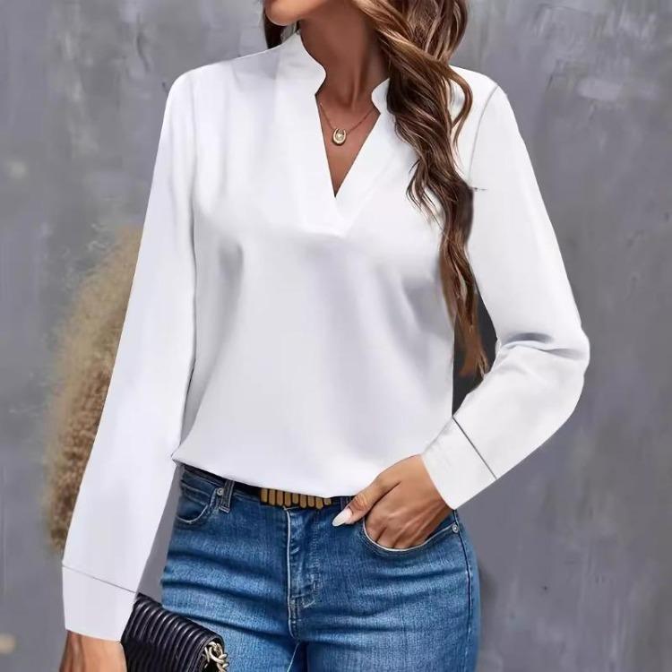 Women Autumn Spring Long Sleeve Blouse Loose Top Solid White V-neck Office Lady Simple
