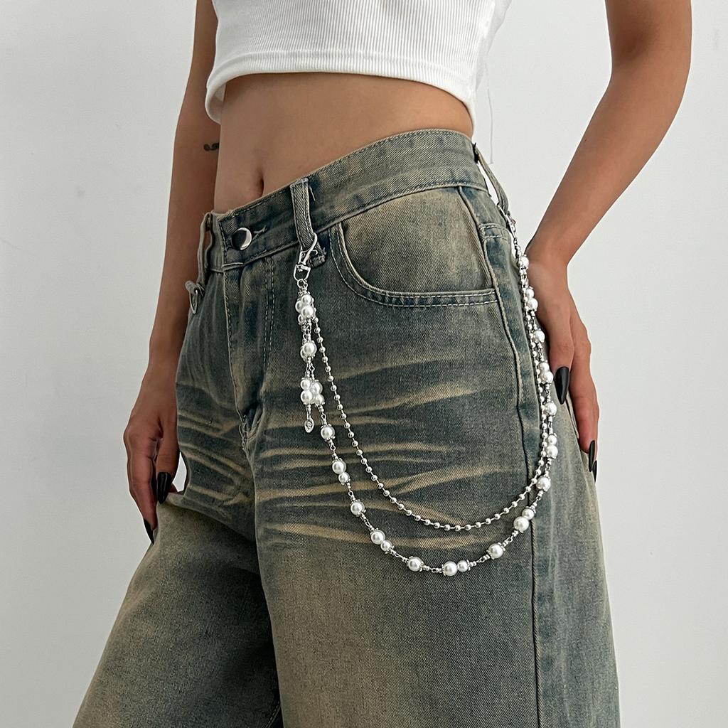 Hip-Hop Metal Cross Pendant Trouser Chain, Fashionable Imitation Pearl Beaded Chain Waist Pendant.