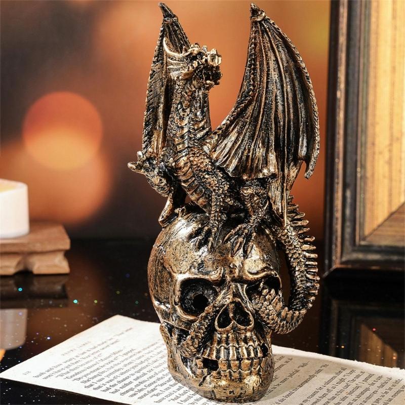 Metal-Look Dragon Skull Statue for Shelf and Desk Display, 17cm Figure for Fantasy Homes and Party Table Styling