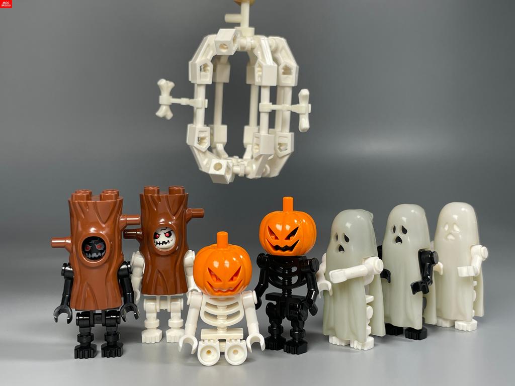 MOC Bausteine Halloween Kürbis Skorpion Zombie Gesicht Kopfbedeckung Skelett Geist Blut Grab DIY Bausteine Jungen Spielzeug