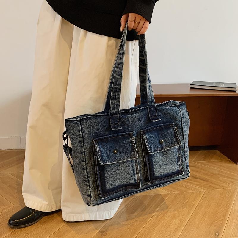 Denim Tote Bag for Women – Vintage Bag with Front Pockets & Adjustable Shoulder Strap – Perfect for Casual & Daily Use