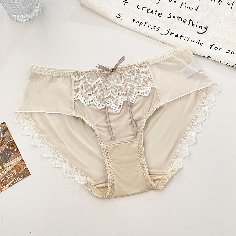 Women's Luxe Satin Mesh Sexy Lace Thin See Through Mid Low Waist Light Cooked Briefs Panties