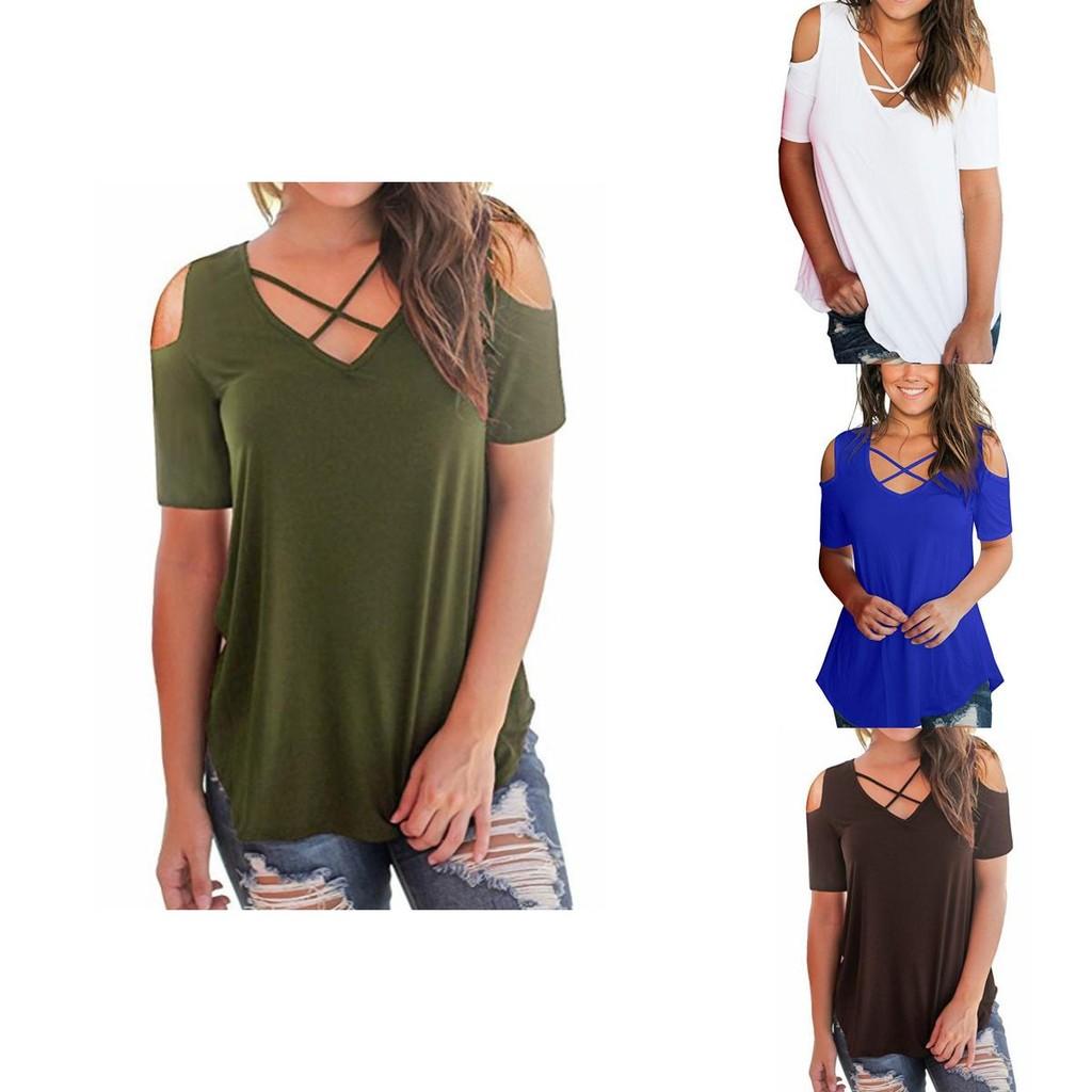 Elegante Damen Cold Shoulder Locker sitzende Oberteile Criss Cross Kurzarm T-Shirt Bluse