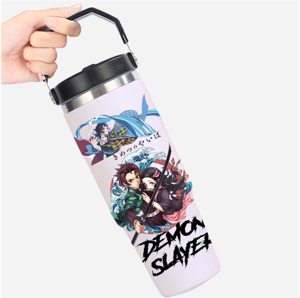 30oz Anime Demon Slayer Printed Simple Solid Color Stainless Steel Thermos Water Cup Thermal Insulation Cold Ice Cup Kid Gift