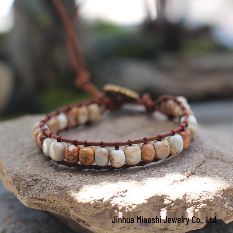 Freeform Shoushan Stone 5x7 Emperor Leather Woven Bohemian Bracelet