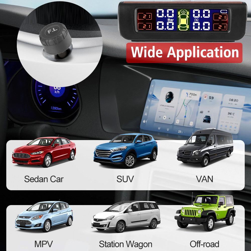 Car Tyre Pressure Monitor With 4 External Sensors T12 Car Tire Pressure Monitoring System 0-3.5Bar Solar USB TPMS