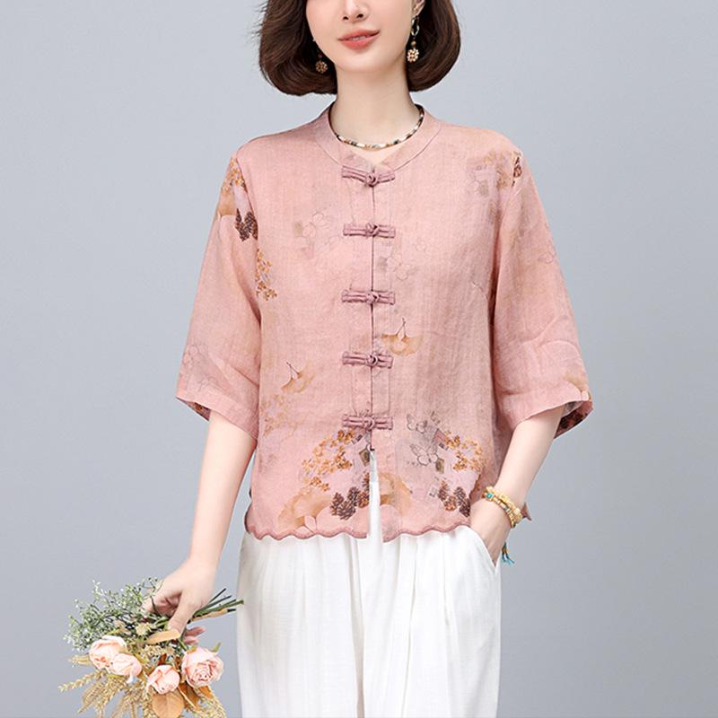 

Women s Summer Loose Fit Frog Button Jacquard Ramie Shirt Medium