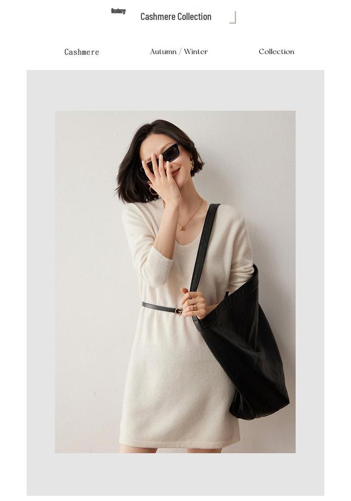 Cashmere Knit U-Neck Mid-Length Sweater Dress - Autumn/Winter Loose Fit Japanese Style.