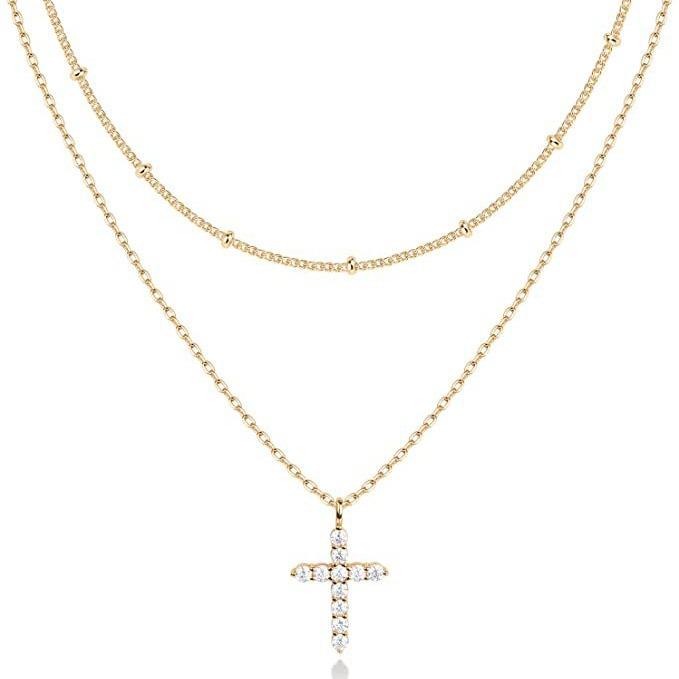 18K Gold Vacuum-Plated Double-Layer Stainless Steel Choker with Zircon Cross for Women