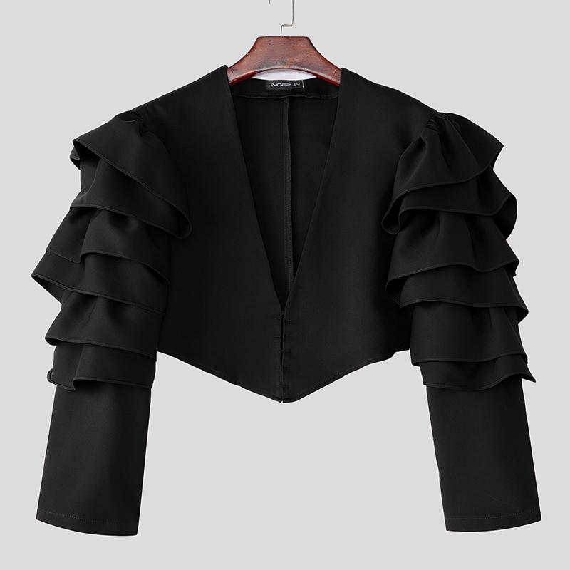INCERUN Men V Neck Ruffled Long Sleeve Irregular Party Blazer Short Coats