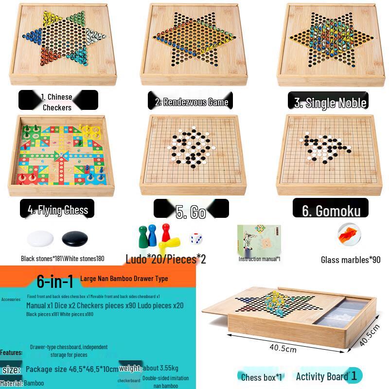 6-in-1 Bamboo & Wood Classic Board Game Set