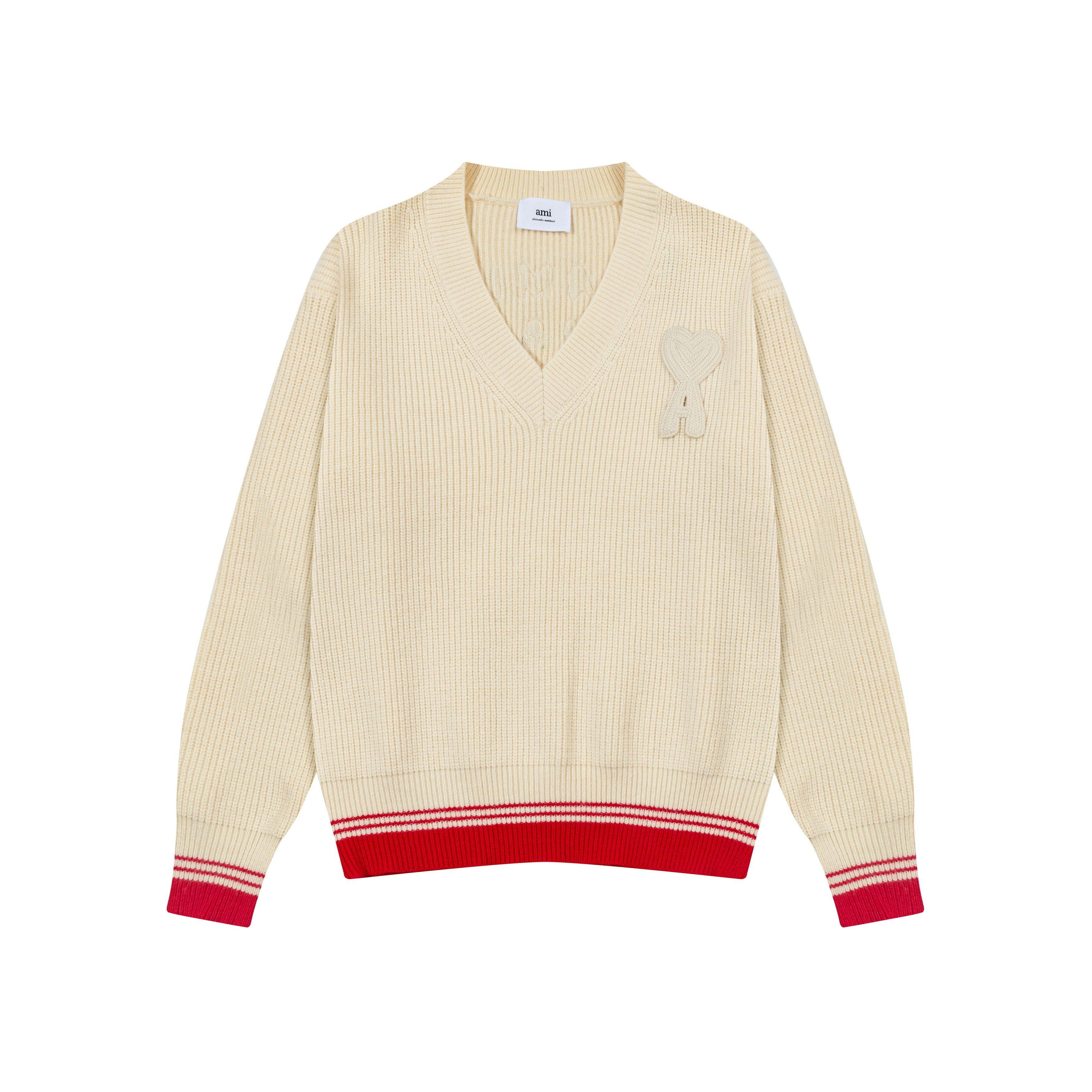 AMI Nieuwe Herfst- en Winter Gebreide Gestreepte V-hals Pullover, Lange Mouwen met Hartvormig Tekstlogo, Gebreid Schapen Trui Jasje M