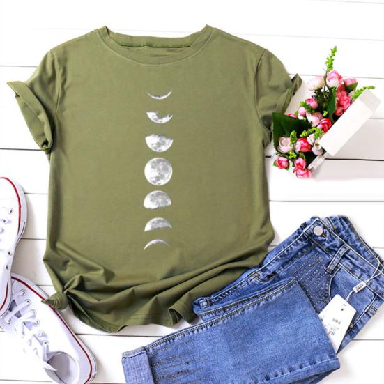 Women Summer Casual O Neck Short Sleeve Moon Print Loose Blouse T-shirt Top