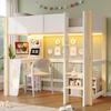 Loft Bed, 90 X 200 Cm, Pine Wood, Table, Perforated Wall, LED Light Strip, Without Mattress, Natural + White