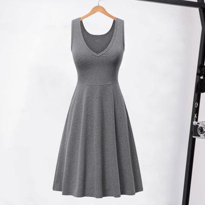 Summer Women Dress V Neck Sleeveless A-line Loose Hem Big Swing Pure Color High Waist OL Commute Casual Homewear Vest Type Midi Dress