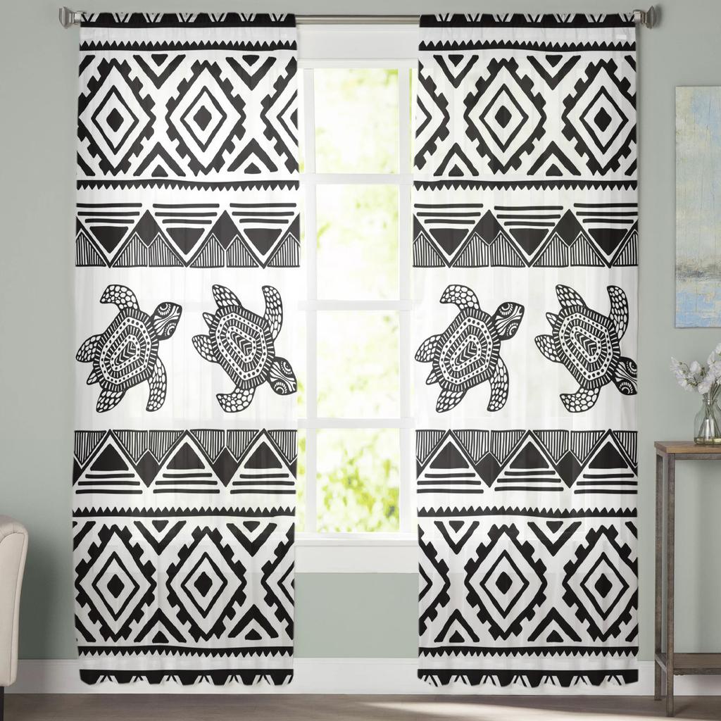 Animal Turtle Black And White Lines Tulle Curtains For Living Room Kitchen Sheer Voile Curtain Bedroom Window Panels