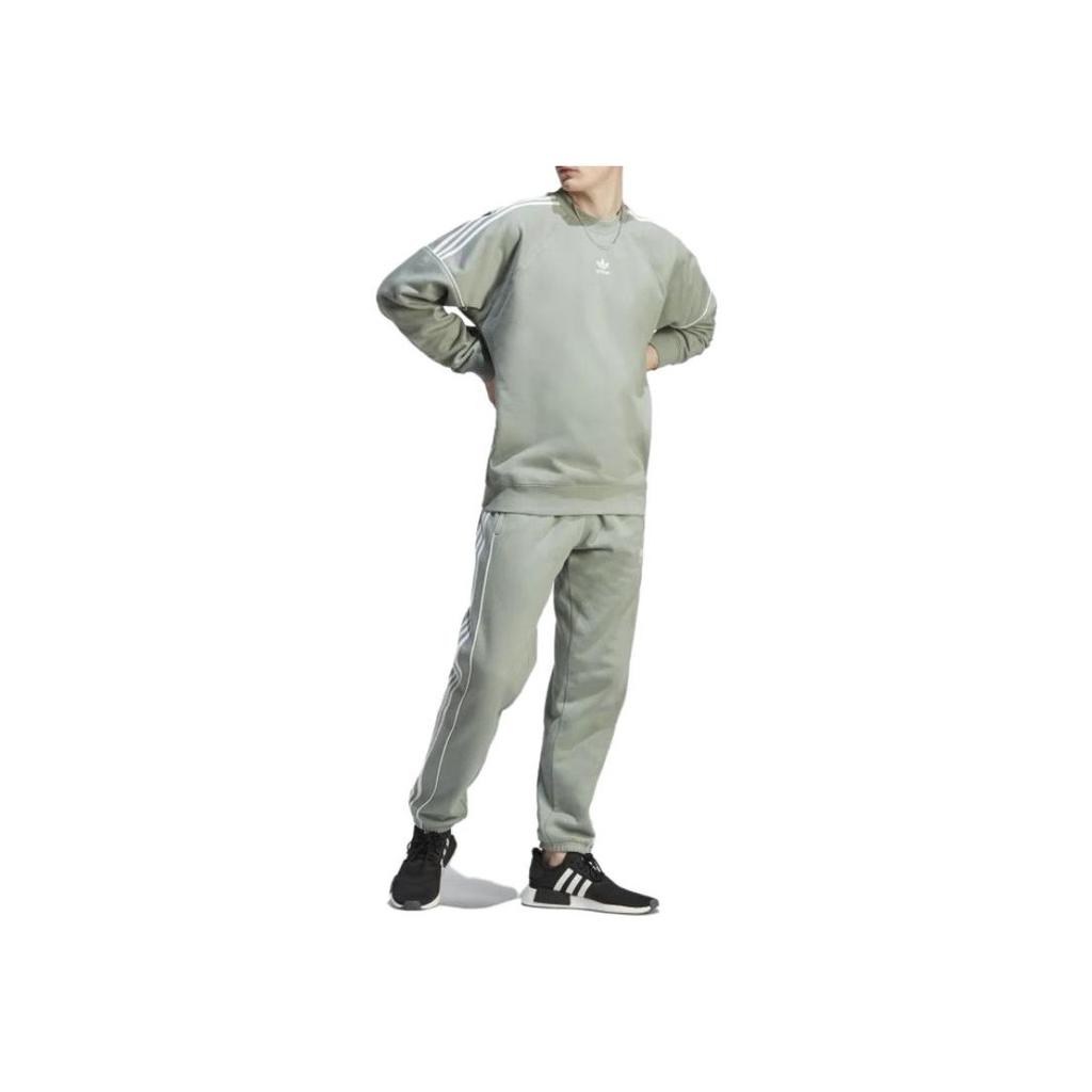 Adidas Originals Trefoil Striped Logo Embroidered Crewneck Sweatshirt Men Tops Silver-Green IB8696