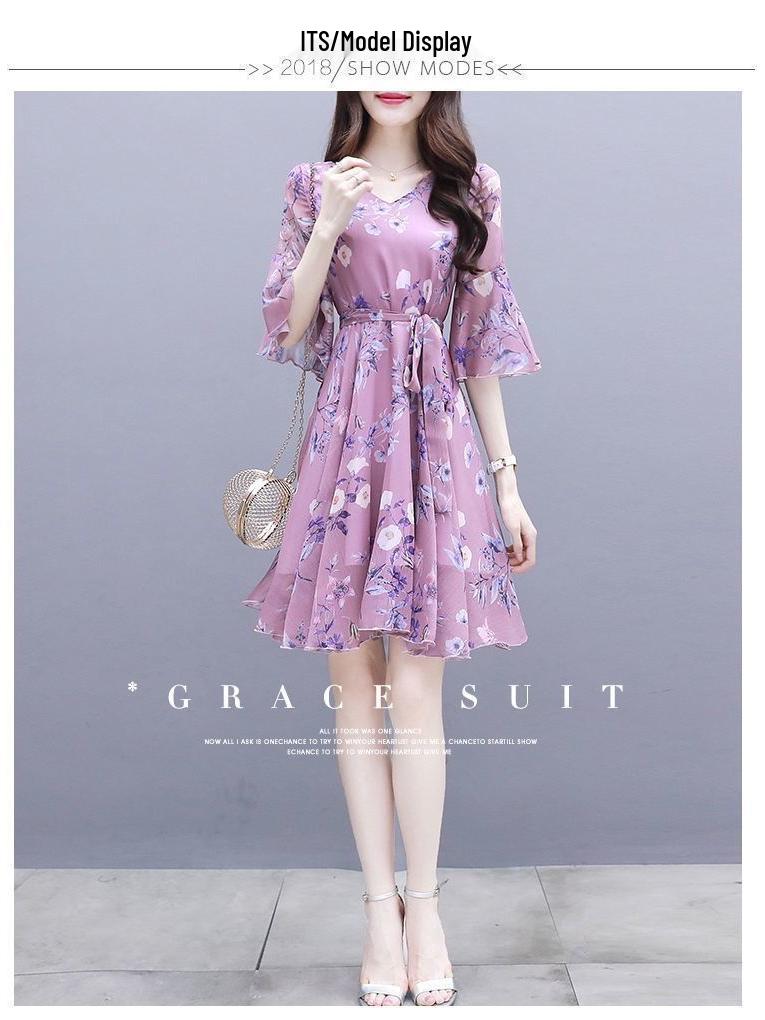 2025 Summer Women's Slim Waist Midi Floral Dress