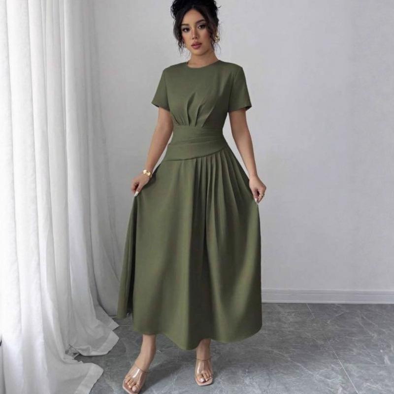 

2025 Summer European & American Women s Pleated Casual Sexy Waist Dress XS темно-зелений колір