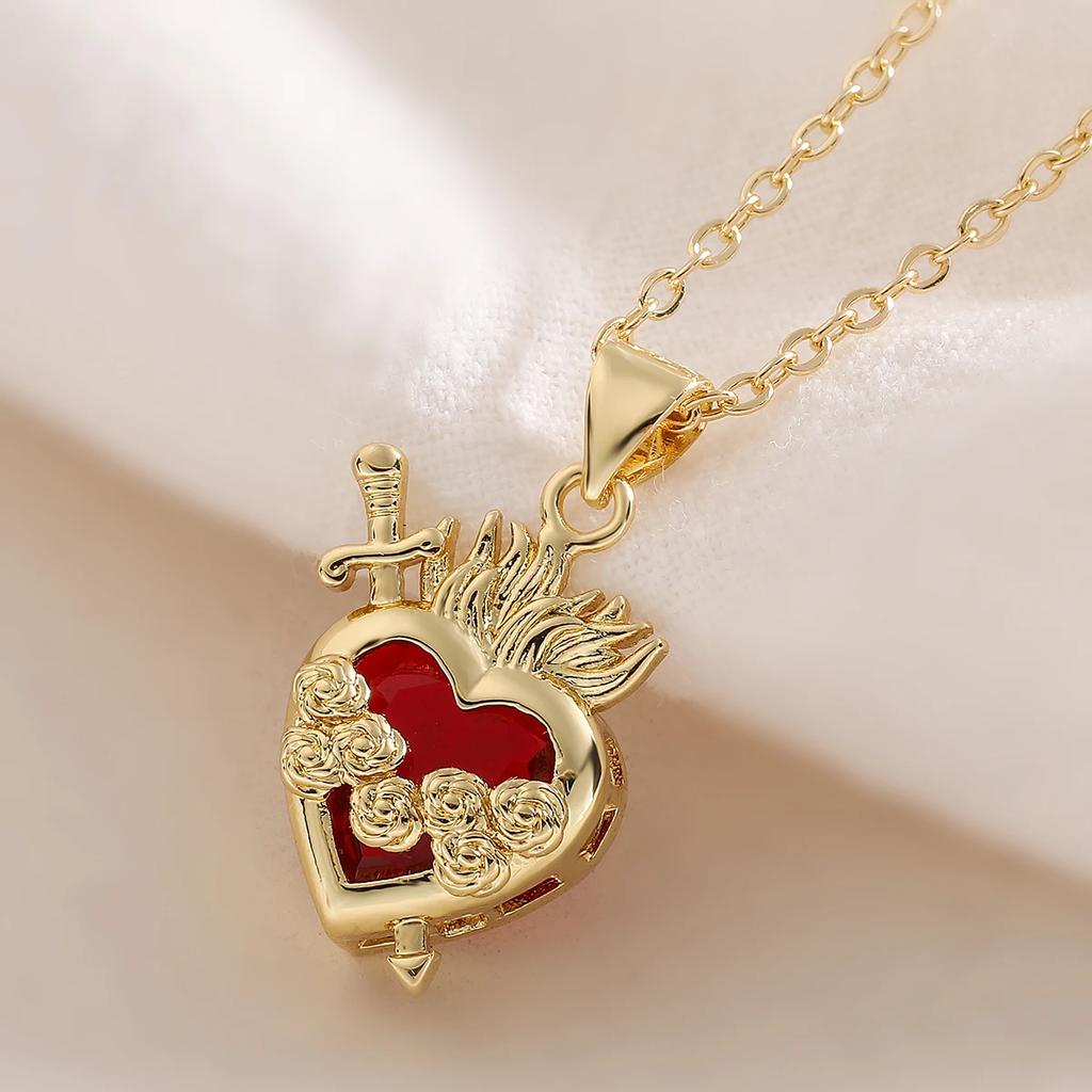Fashion Gold Color Chain Red Crystal Heart Pendant Necklaces for Women Girls Valentine's Day Birthday Gifts High Quality