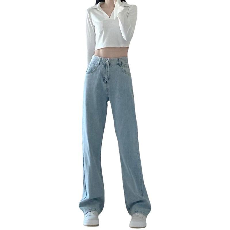 Women's High-Waisted Light-Colored Wide-Leg Jeans for Autumn - Slim, Loose, Long Casual Pants