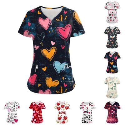 Damen-Oberteil mit Knopfleiste und V-Ausschnitt, modisch, lässig, mit Weihnachts- und Valentinstags-Print, Top für Krankenschwestern, Kasacks für Damen, 2 Taschen