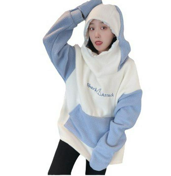 Women's Cute Shark Hooded Sweatshirt - Loose Fit, Korean Style, 2025 Autumn/Winter Lamb Wool