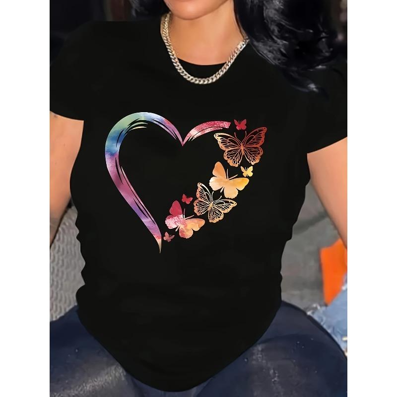European size Women's Plus Size Elegant Heart Butterfly Print T-Shirt - Soft Polyester Blend, Round Neck