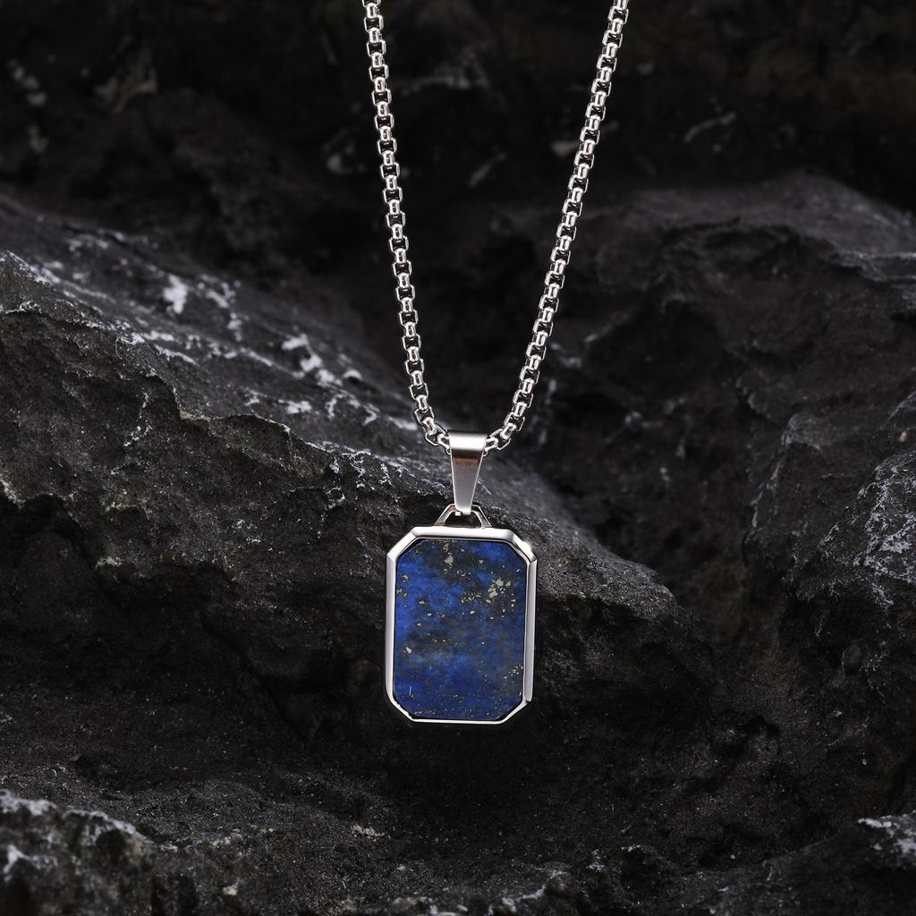 Stainless Steel Rectangle Natural Stone Pendant Necklaces, Minimalist Dainty Chain Necklace, Luxury Fashion Jewelry For Men Gift