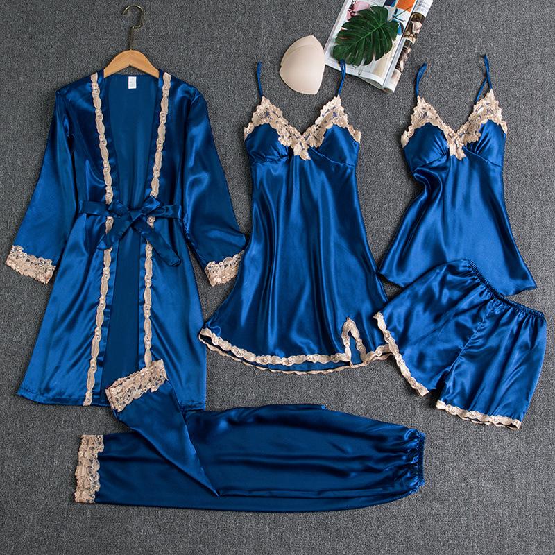 Women's Five-Piece Silk Pajama Set - Sensual Padded Nightdress and Battleship Print for Spring & Summer